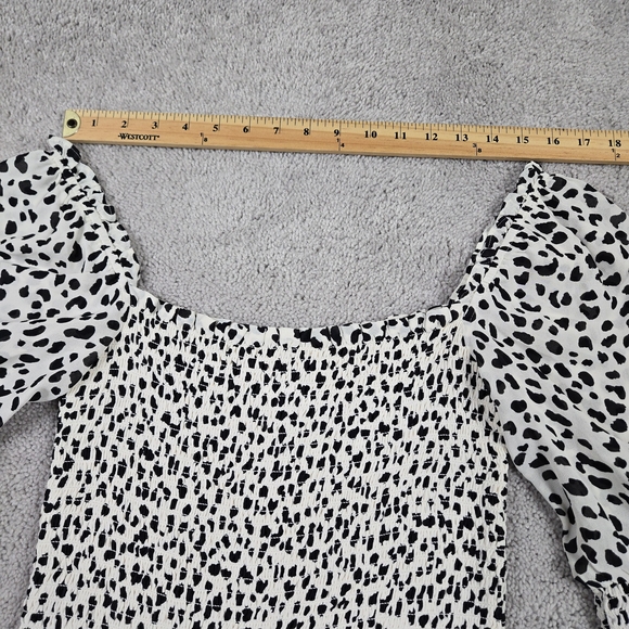 Reformation Elle Mini Dress Black White Ocelot Animal Print Smocked Puff Sleeves - Picture 8 of 14